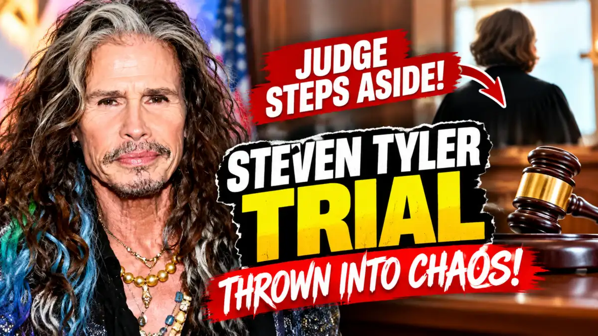 Steven Tyler trial thumbnail showing the Aerosmith singer beside a courtroom and judge after a surprise judge recusal before his scheduled civil trial.