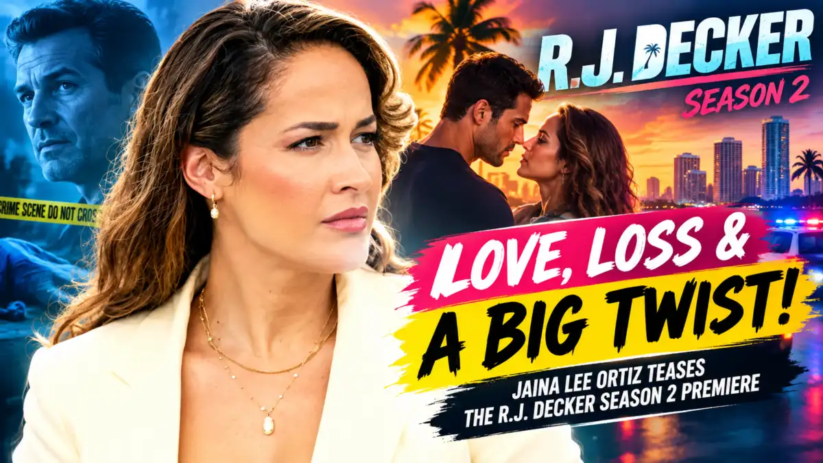 Jaina Lee Ortiz in a dramatic R.J. Decker season 2 premiere thumbnail with Miami skyline, police lights, romance, and crime mystery in the USA.